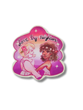 Sticker with two characters holding hands and 'Love thy neighbor' text on a pink background