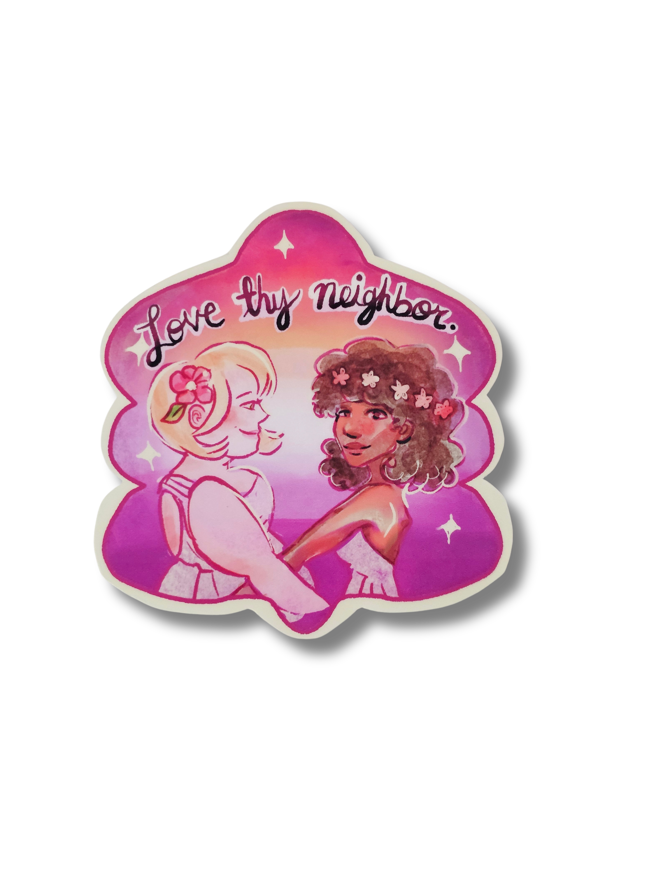 Sticker with two characters holding hands and 'Love thy neighbor' text on a pink background