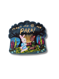 Sticker with cartoon bunny, deer and text 'Meet me @ the PARK!' on a white background