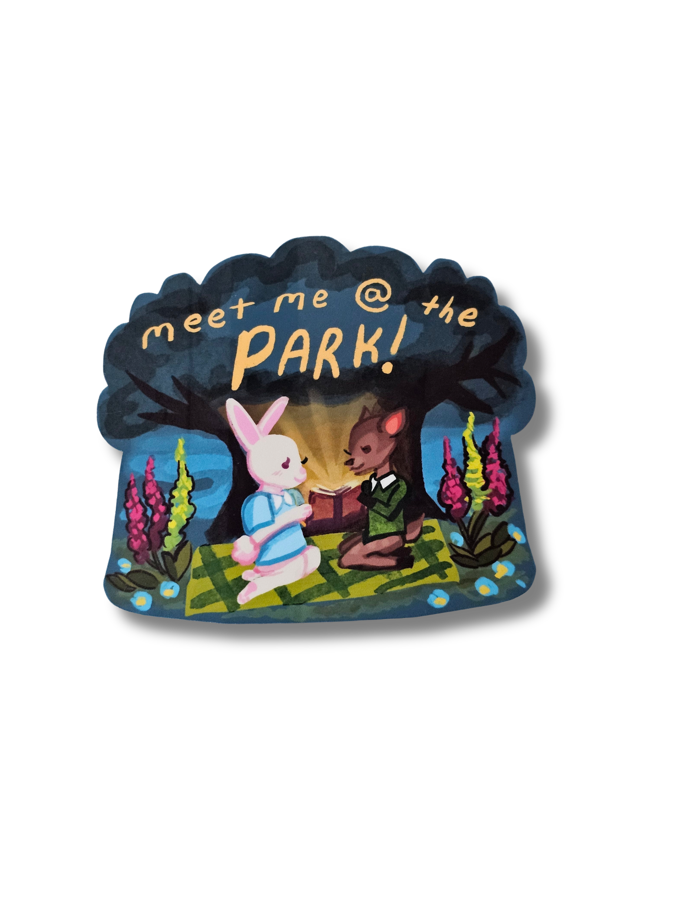 Sticker with cartoon bunny, deer and text 'Meet me @ the PARK!' on a white background