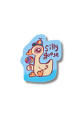 Sticker of a cartoon goose holding a lollipop with 'Silly goose' text on a white background