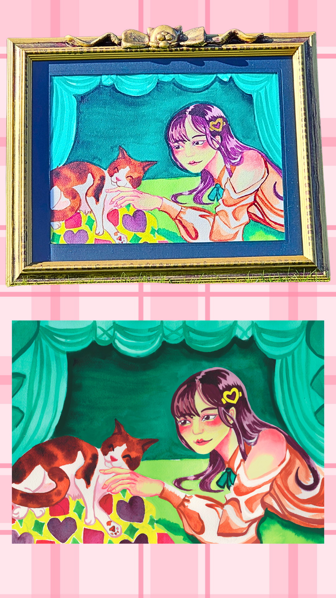Framed artwork of a woman with purple hair and a cat on a pink plaid background. Below is a higher-definition scan of the same illustration.